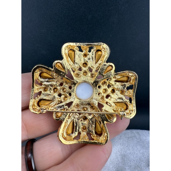 Vintage Brooch Flower Brown Rhinestone White Gold Tone - Picture 4 of 7